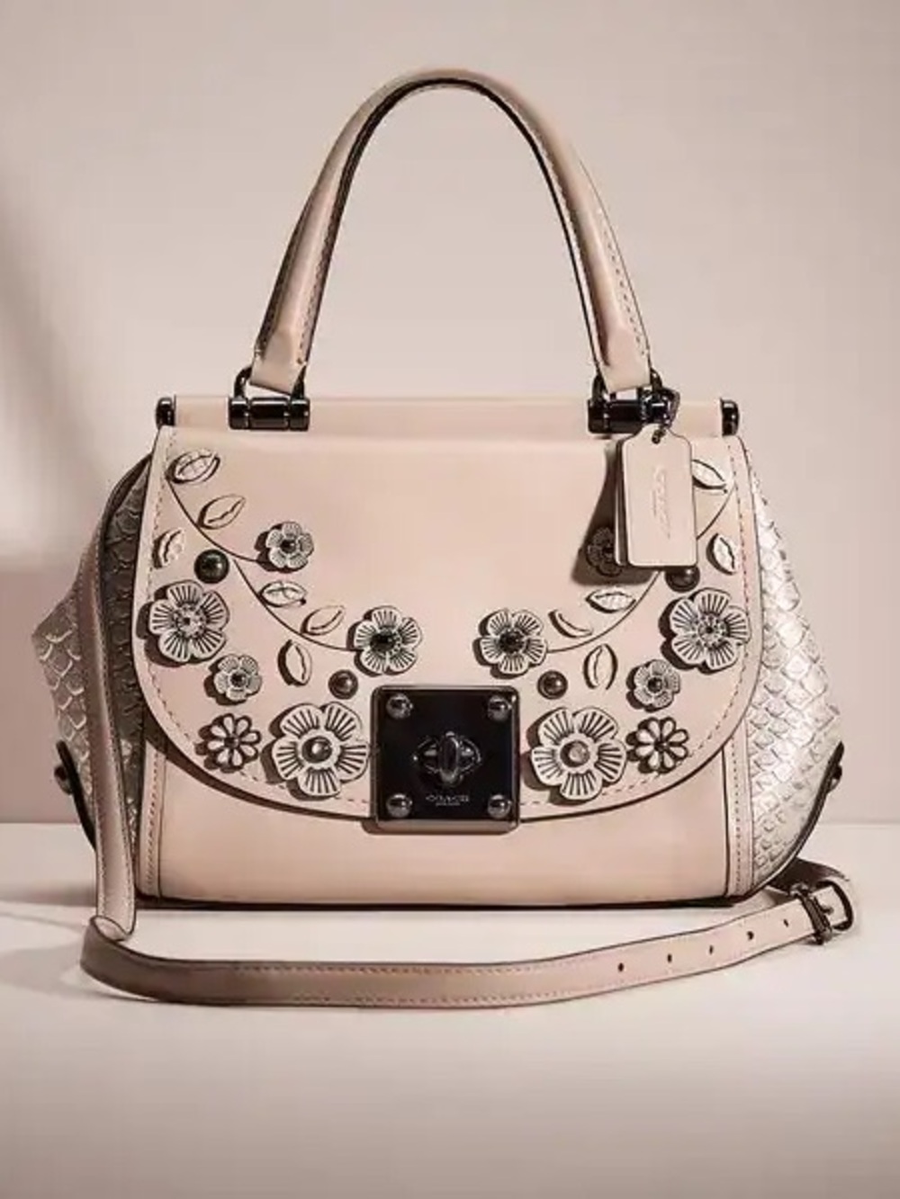 Coach Restored Drifter Tea Rose Beige Floral Appliqué Leather Bag snakeskin vers